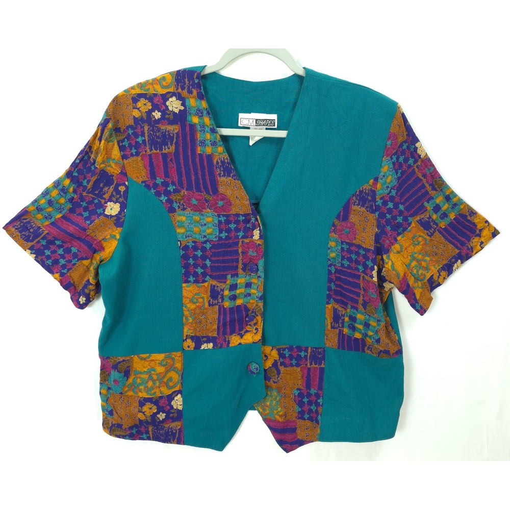 Artful Patchwork Teal Blouse Boho Vintage Colorblock Statement Top Women L 90s